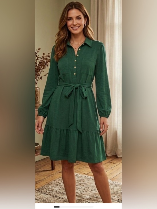 LOFT Dresses & Skirts - LOFT Green Tie Waist Shirt Dress XL Cotton Long Sleeve